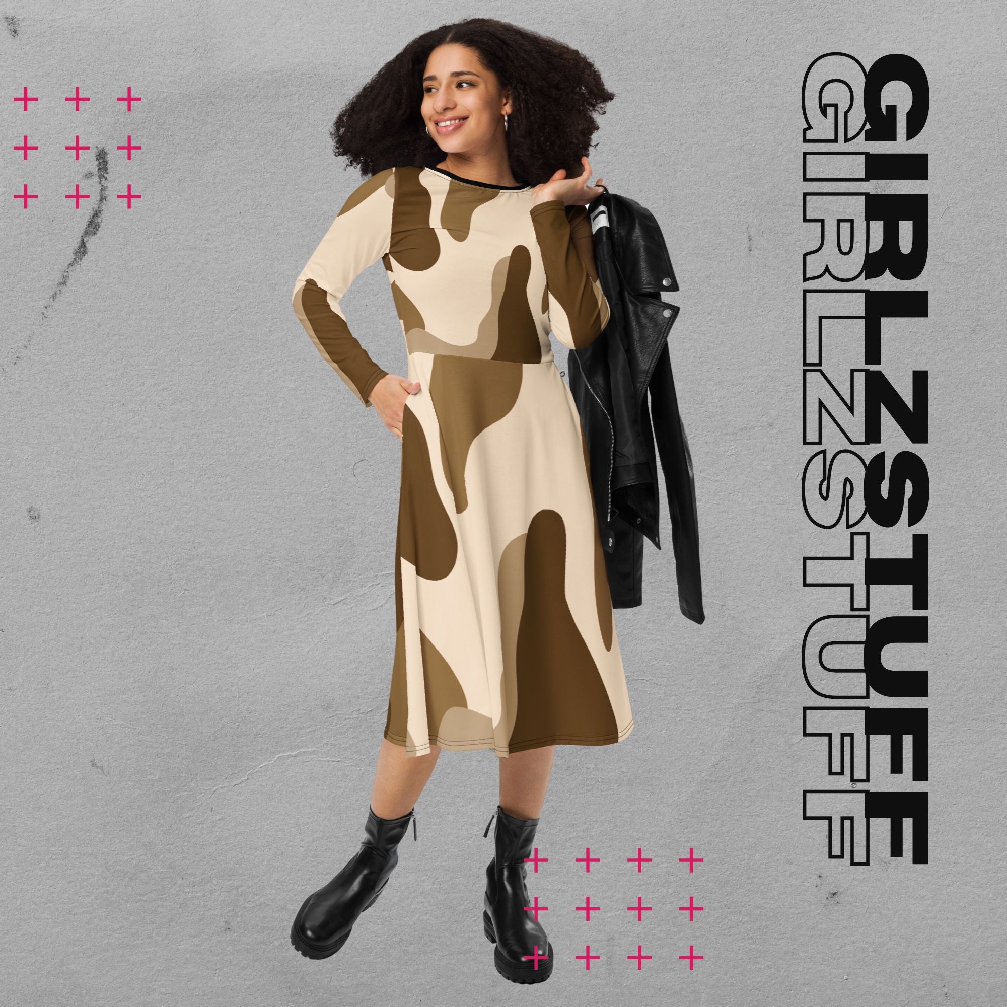 Camouflage Midi Kleid mit Taschen Farbe Tarn Sand – sportlich & feminin
