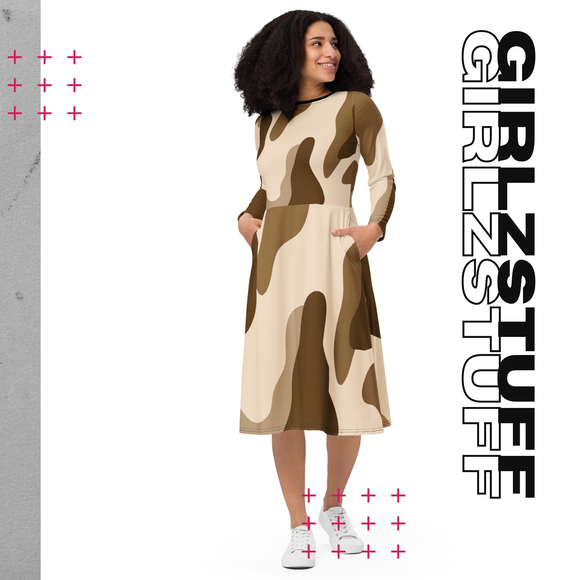Camouflage Midi Kleid mit Taschen Farbe Tarn Sand – sportlich & feminin