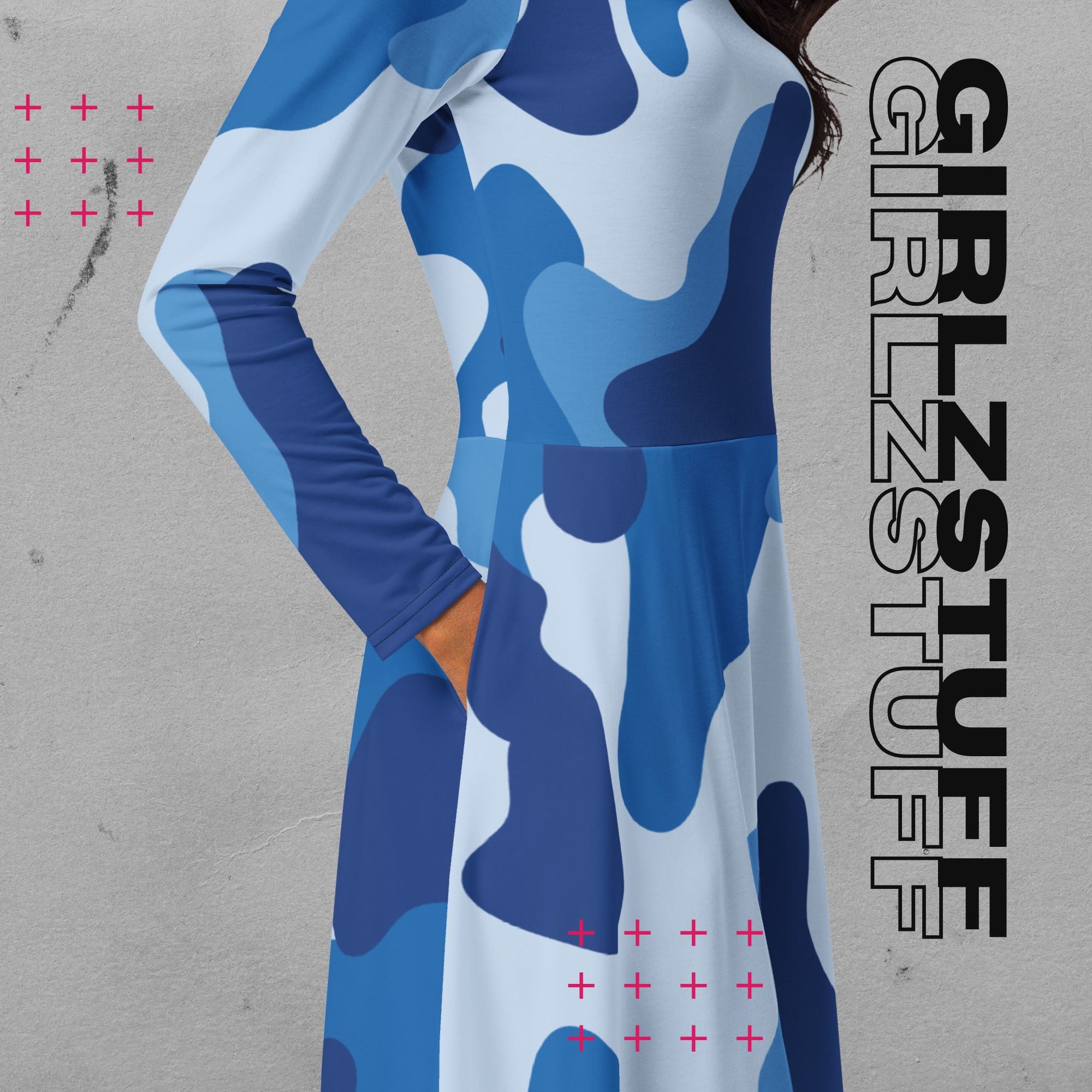Camouflage Midi Kleid mit Taschen Farbe Tarn Blau – sportlich & feminin