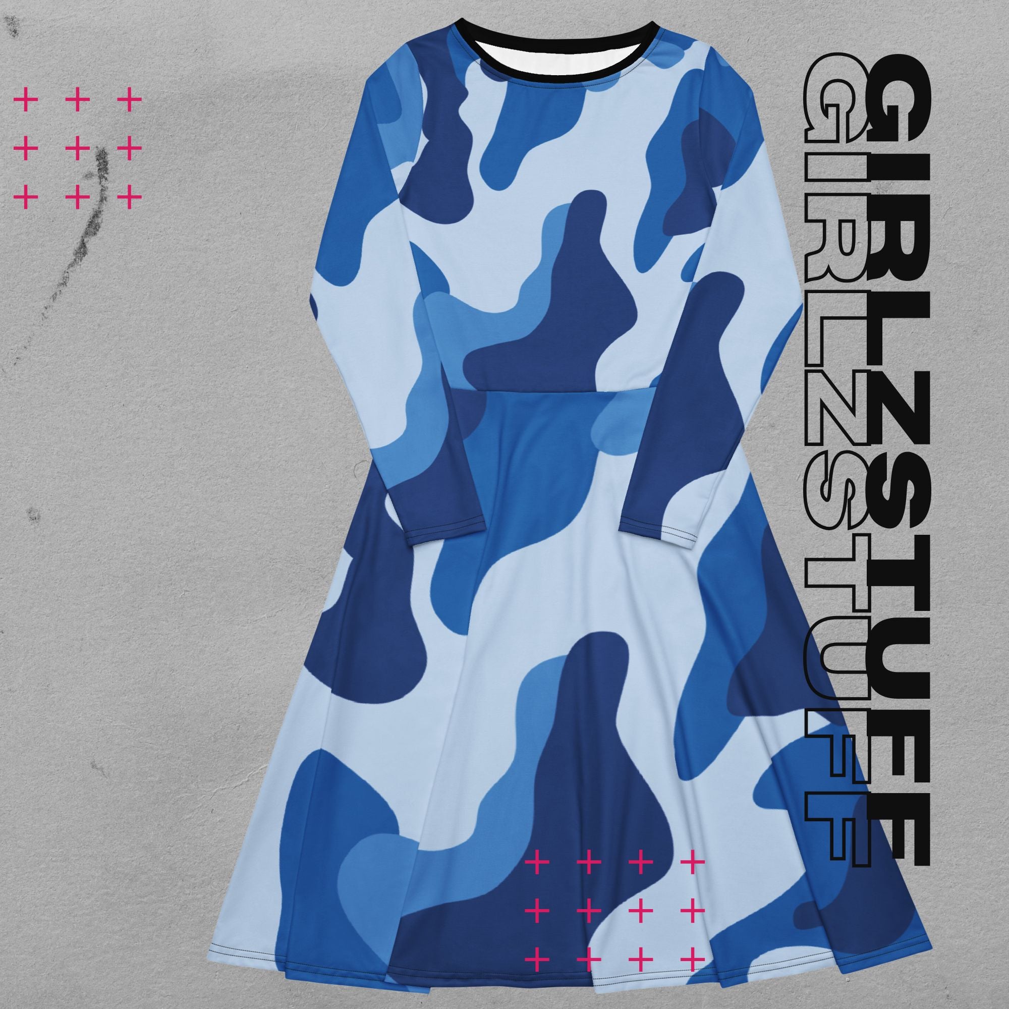 Camouflage Midi Kleid mit Taschen Farbe Tarn Blau – sportlich & feminin
