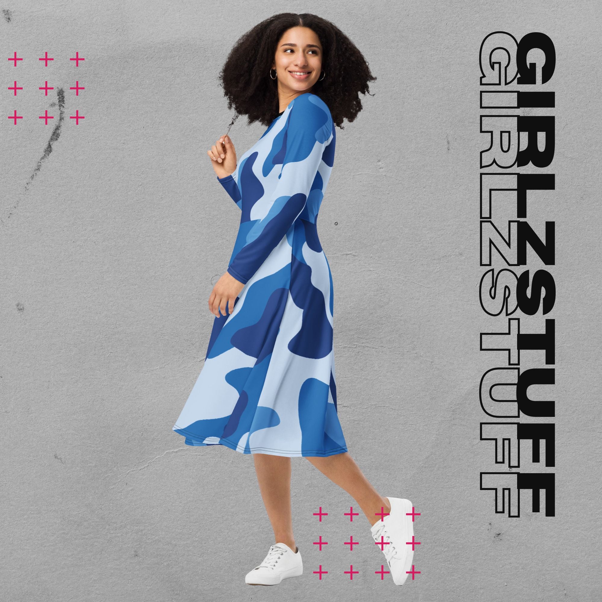 Camouflage Midi Kleid mit Taschen Farbe Tarn Blau – sportlich & feminin
