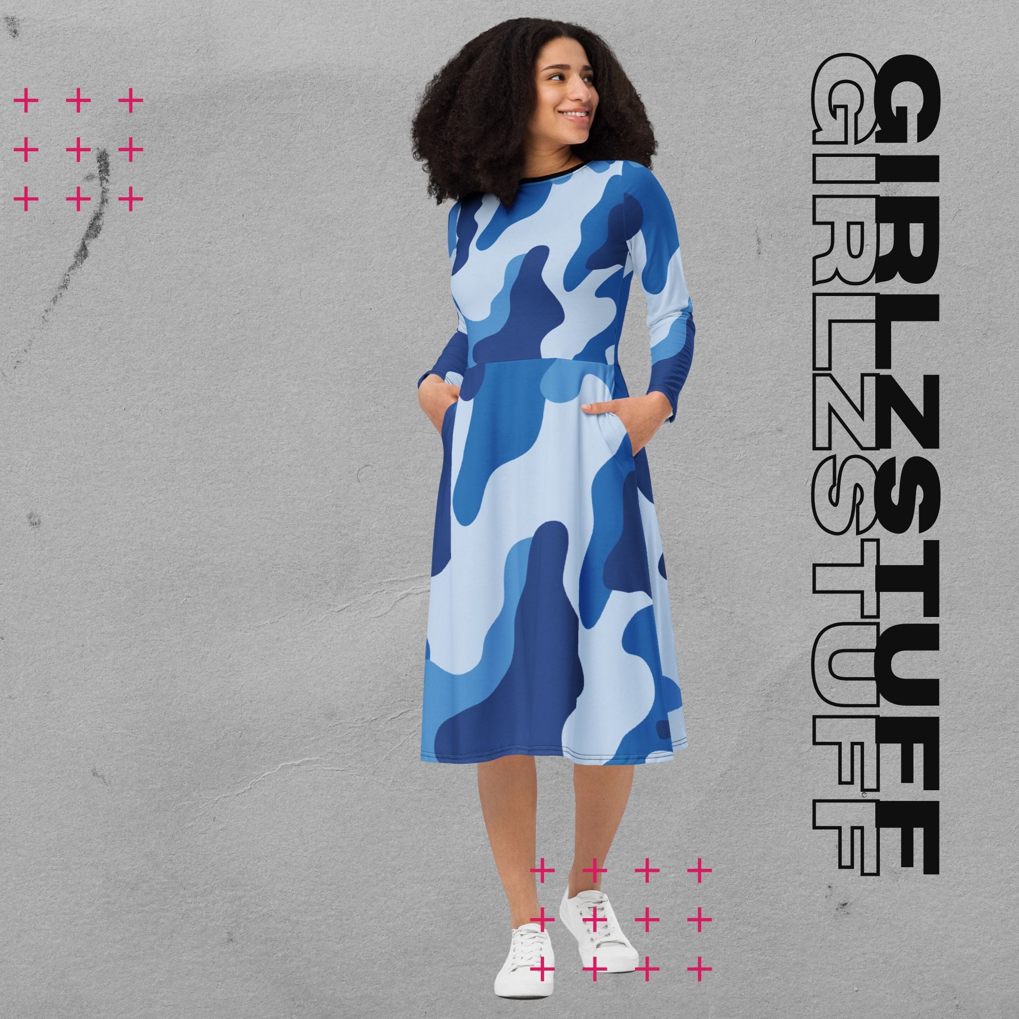 Camouflage Midi Kleid mit Taschen Farbe Tarn Blau – sportlich & feminin