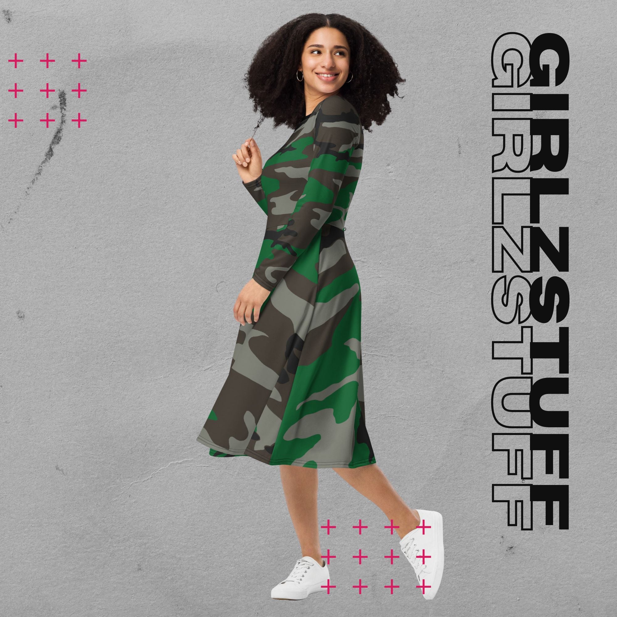 Camouflage Midi Kleid mit Taschen Farbe Tarn Grün – sportlich & feminin