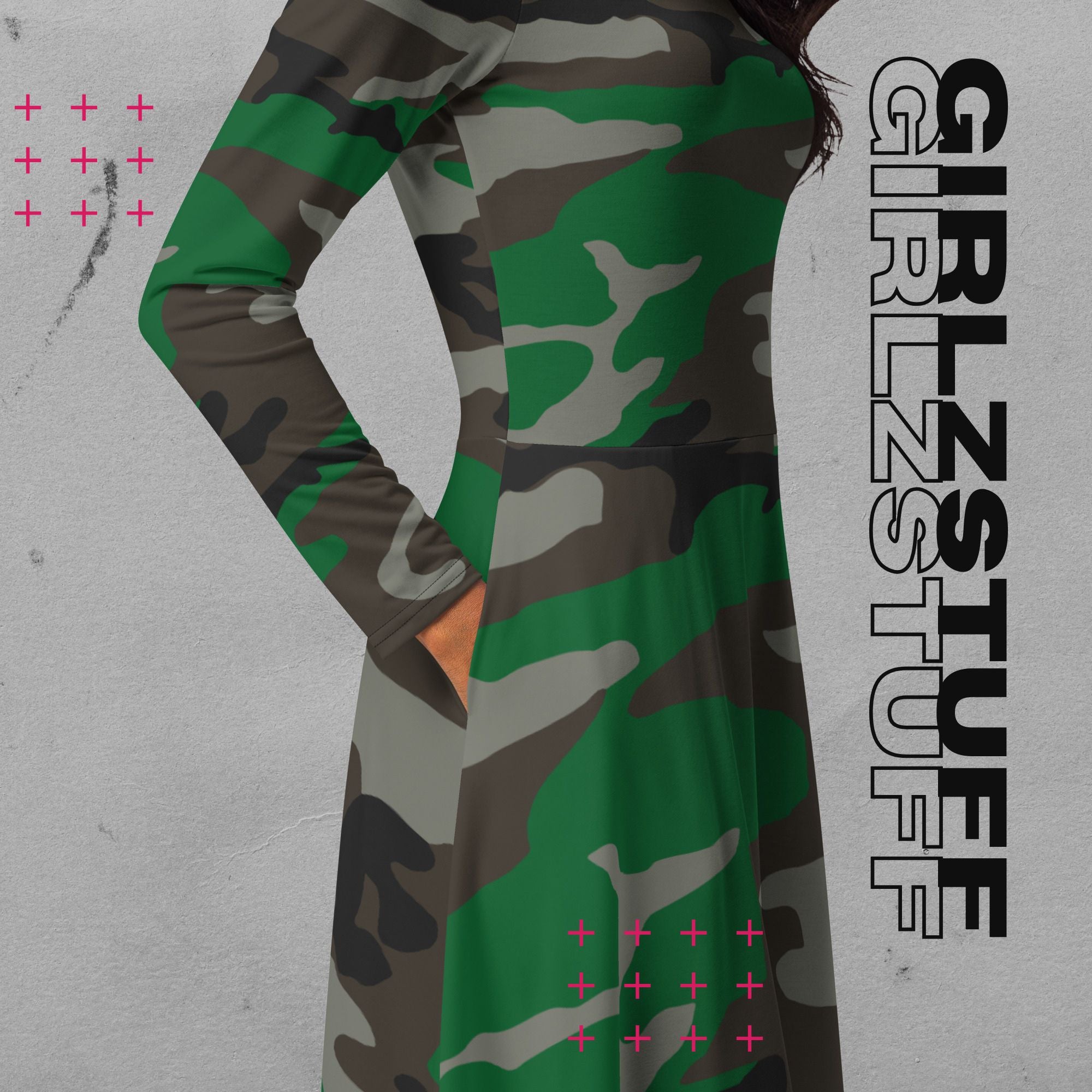 Camouflage Midi Kleid mit Taschen Farbe Tarn Grün – sportlich & feminin