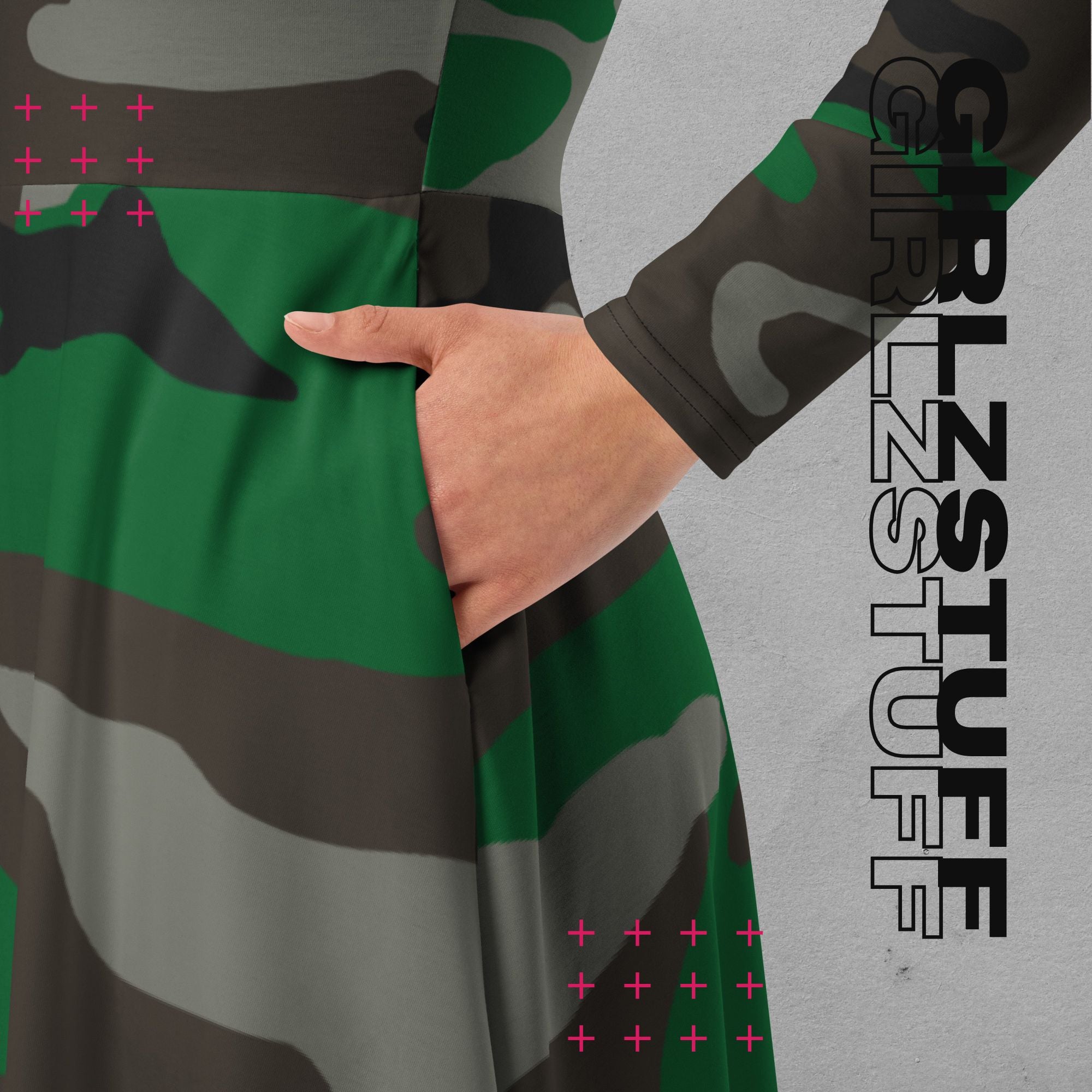 Camouflage Midi Kleid mit Taschen Farbe Tarn Grün – sportlich & feminin