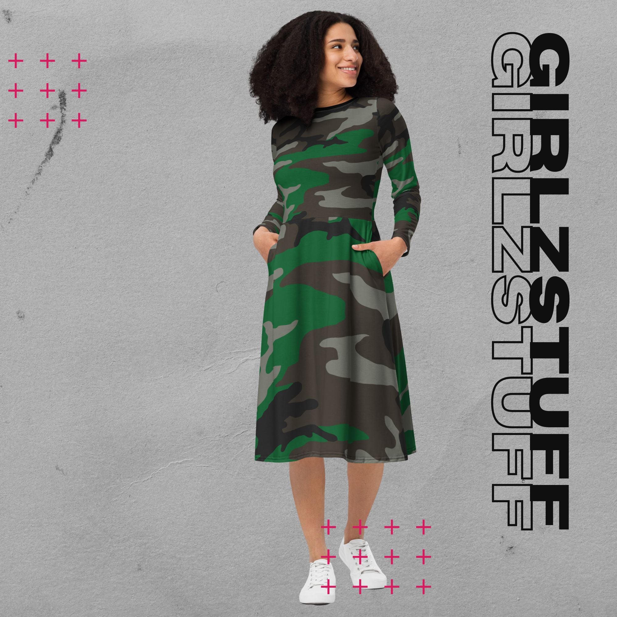 Camouflage Midi Kleid mit Taschen Farbe Tarn Grün – sportlich & feminin