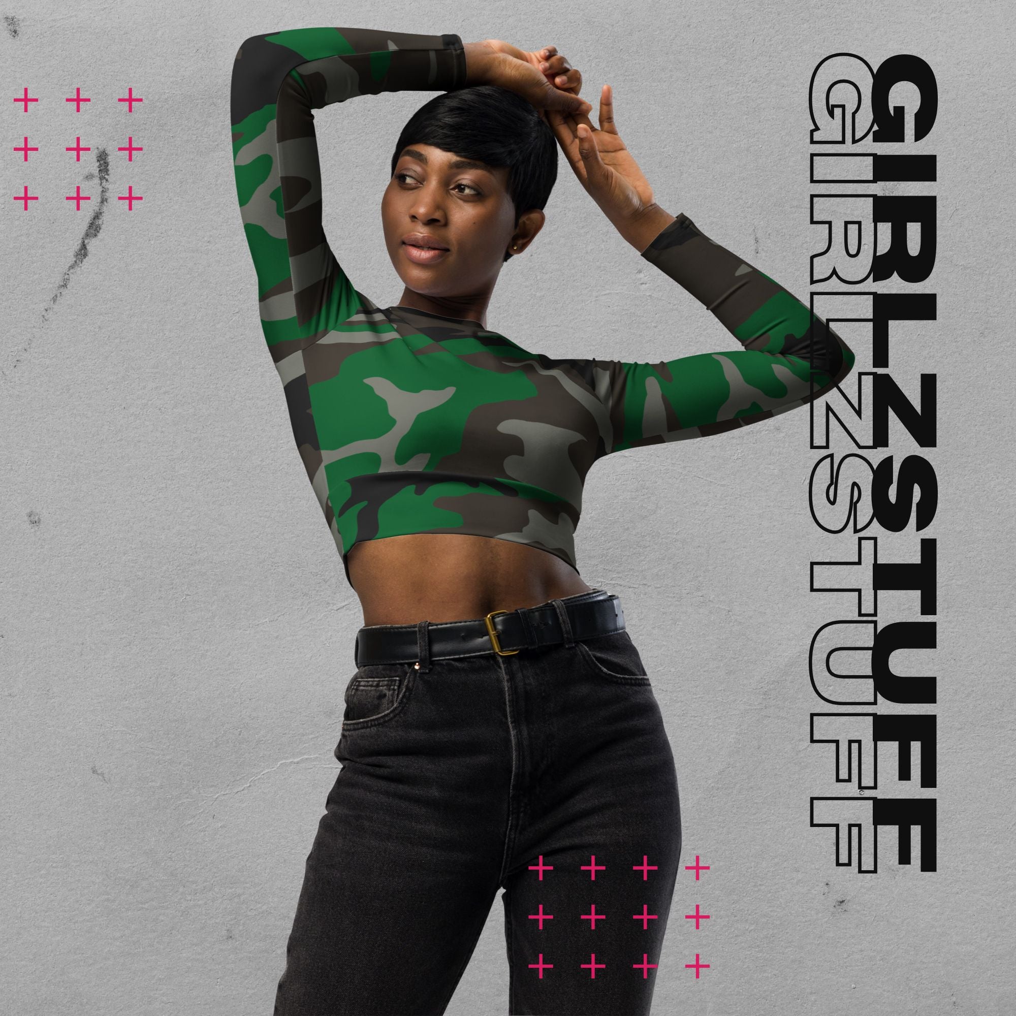 Camo Crop Top Tarn-Grün langarm 🌿 | Recycelt & ready für starke Moves