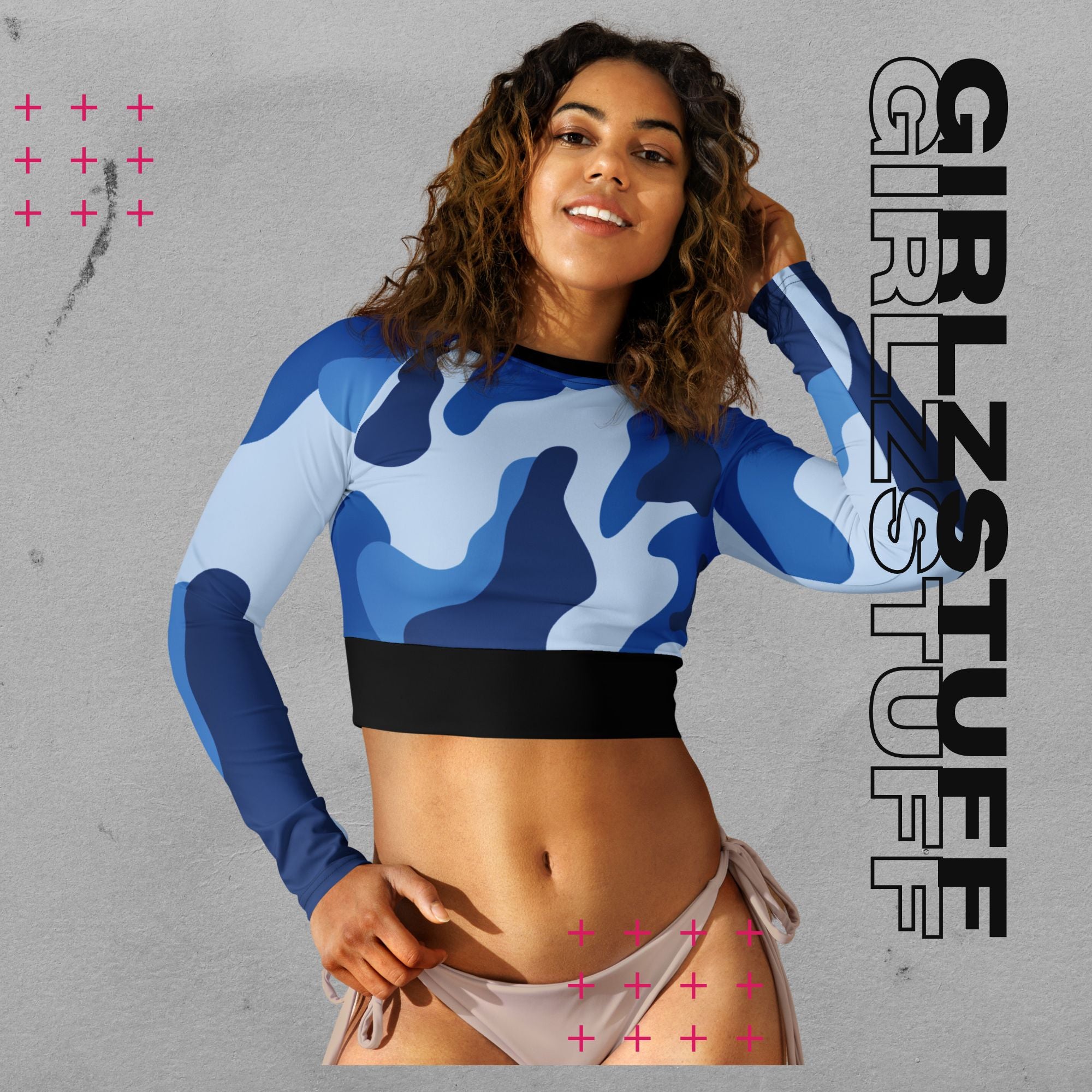 Camo Crop Top Tarn-Blau langarm 🌿 | Recycelt & ready für starke Moves
