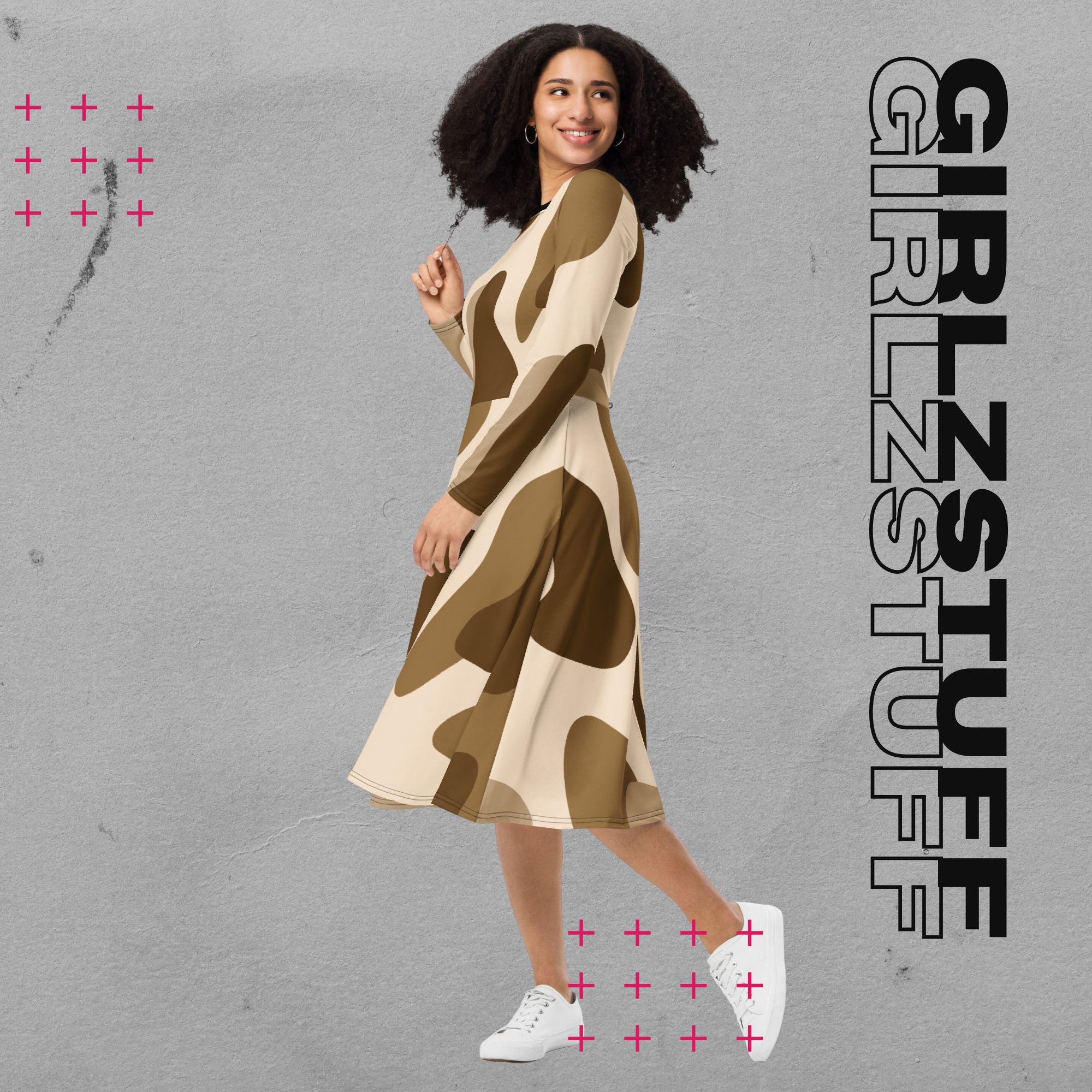 Camouflage Midi Kleid mit Taschen Farbe Tarn Sand – sportlich & feminin