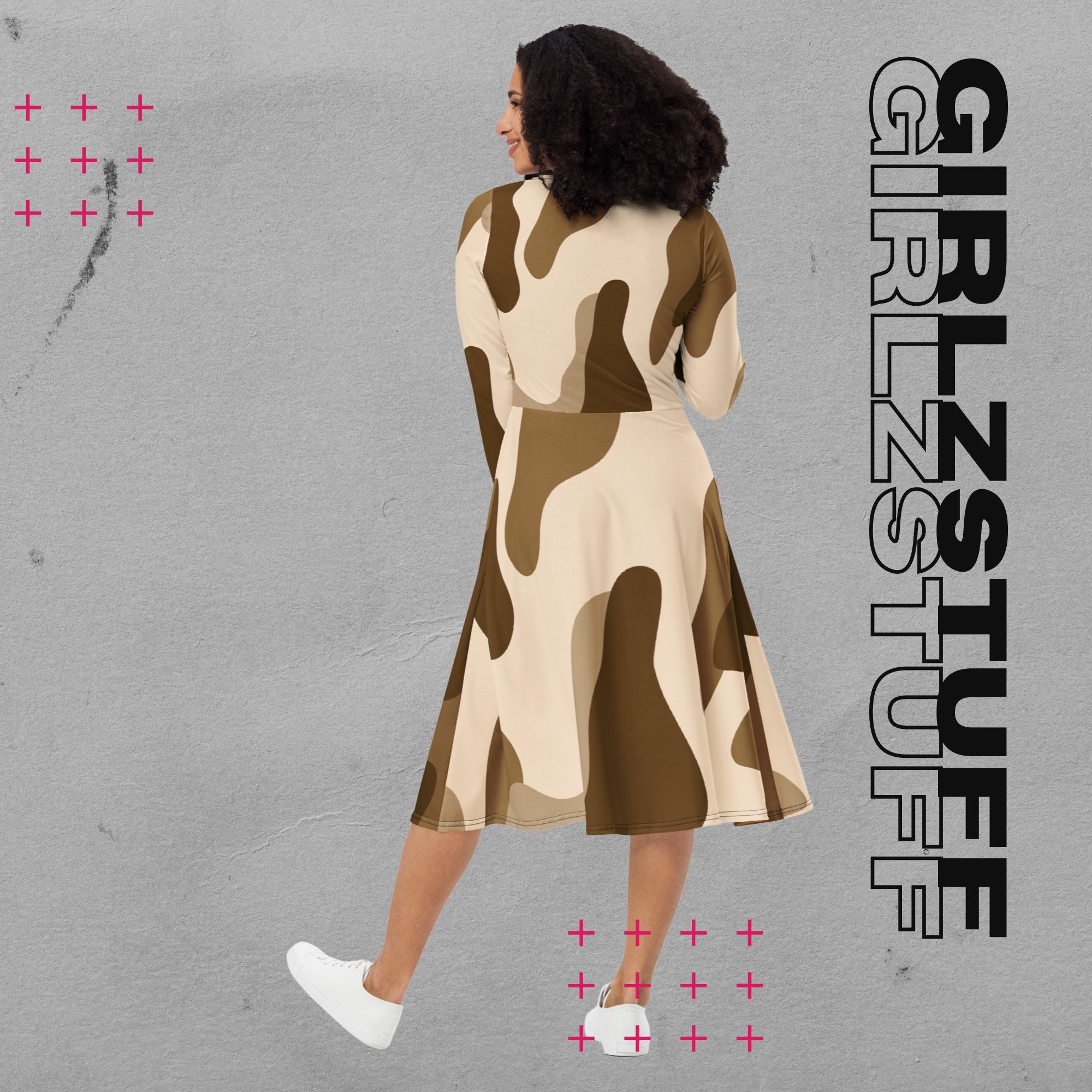 Camouflage Midi Kleid mit Taschen Farbe Tarn Sand – sportlich & feminin