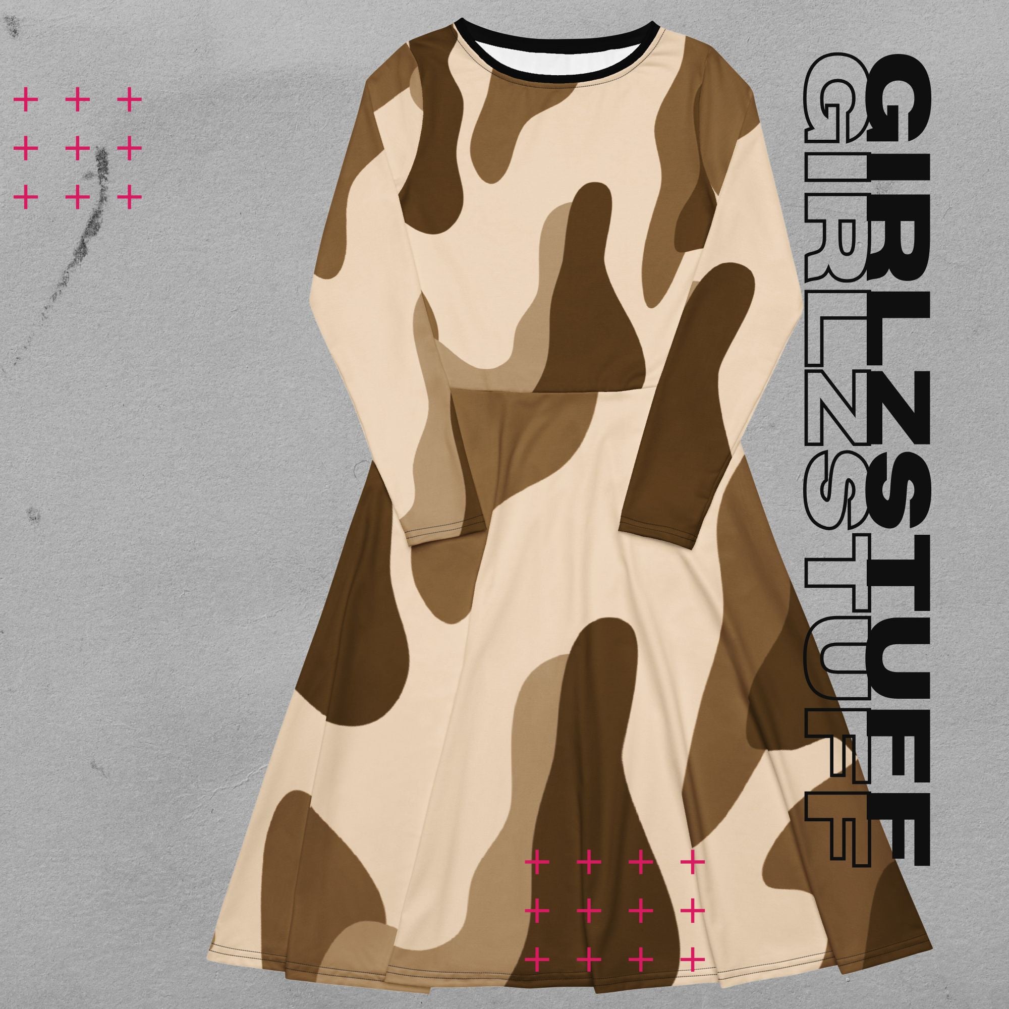 Camouflage Midi Kleid mit Taschen Farbe Tarn Sand – sportlich & feminin