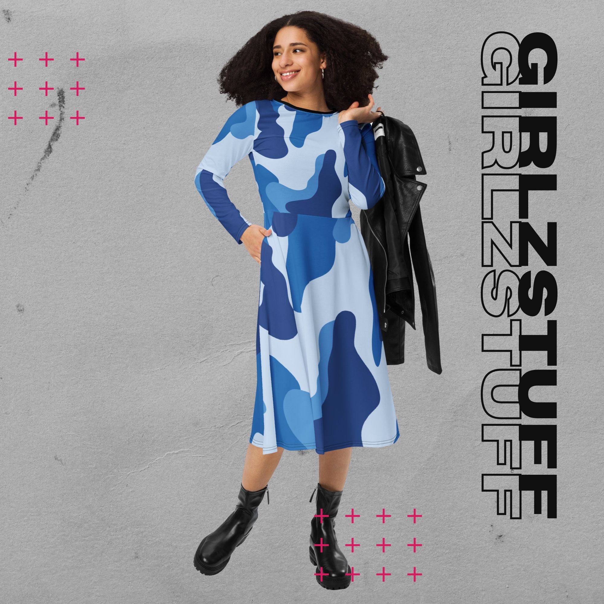 Camouflage Midi Kleid mit Taschen Farbe Tarn Blau – sportlich & feminin