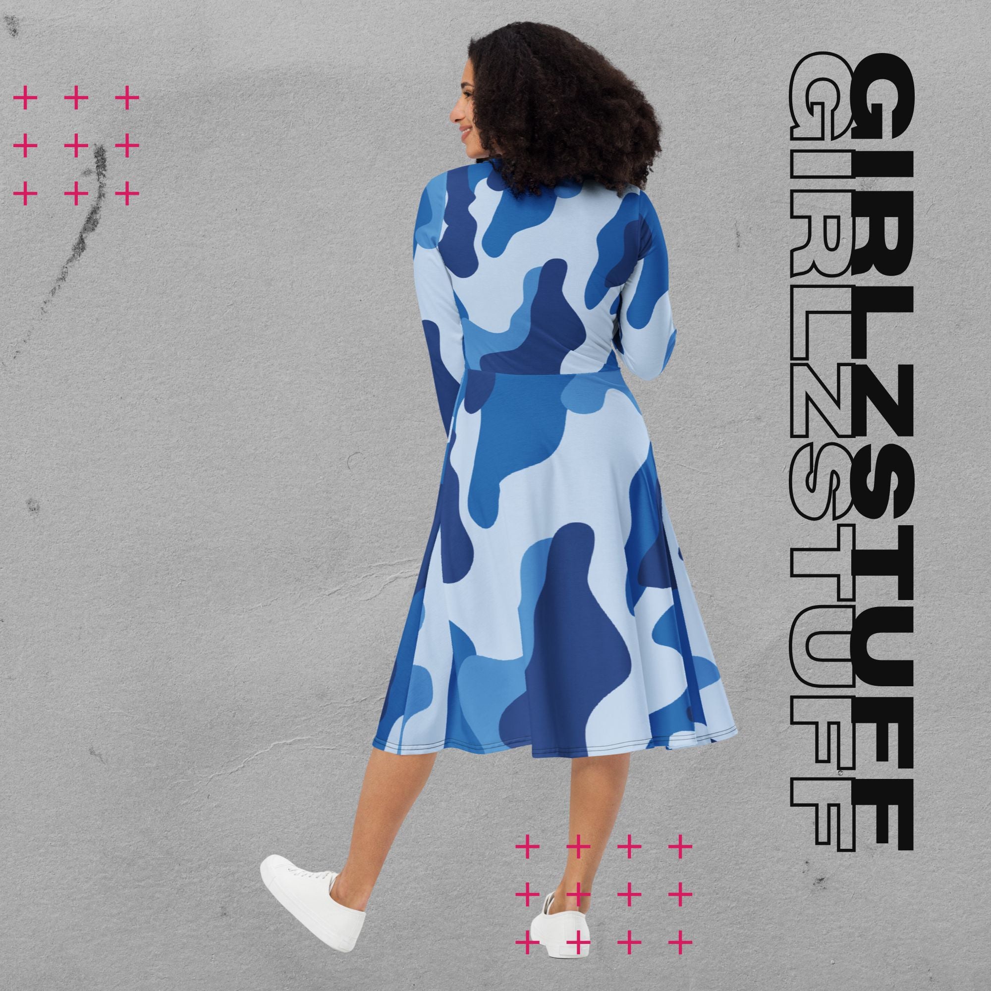 Camouflage Midi Kleid mit Taschen Farbe Tarn Blau – sportlich & feminin