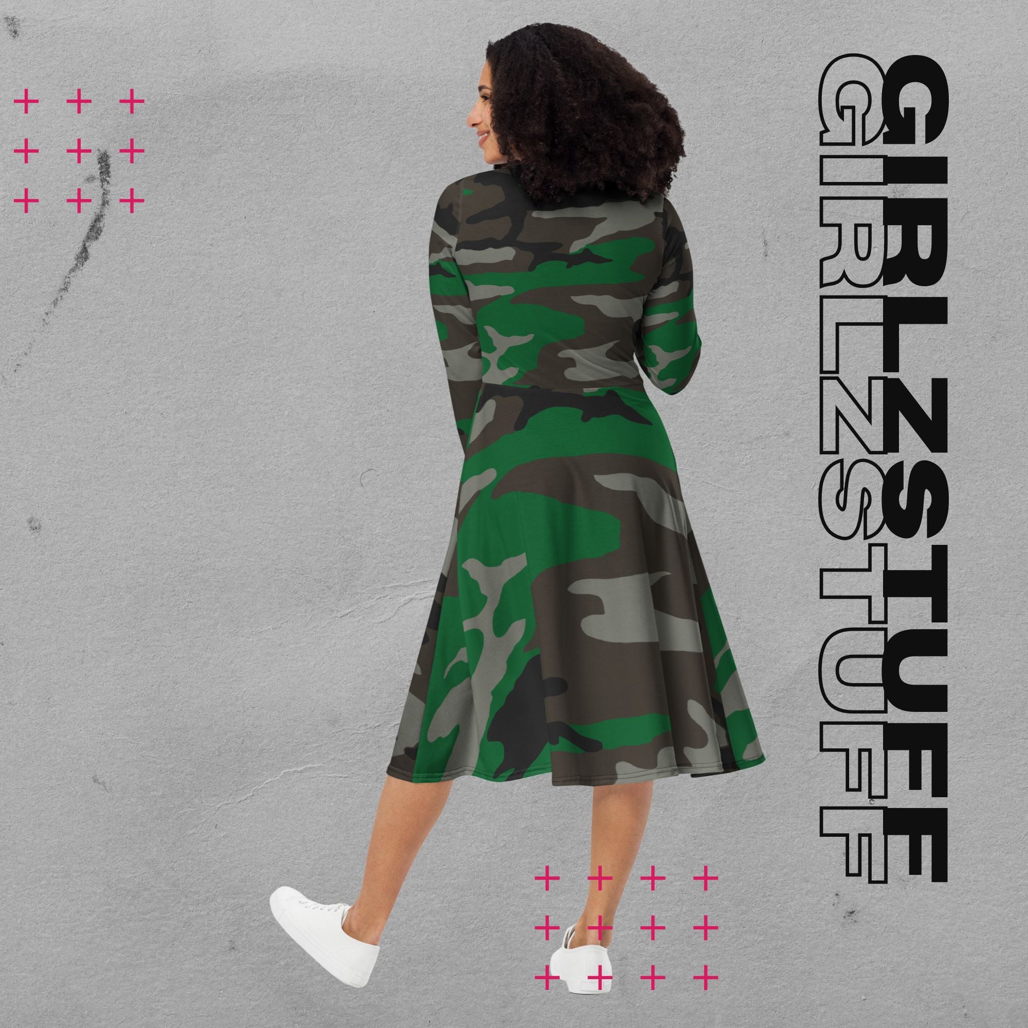 Camouflage Midi Kleid mit Taschen Farbe Tarn Grün – sportlich & feminin