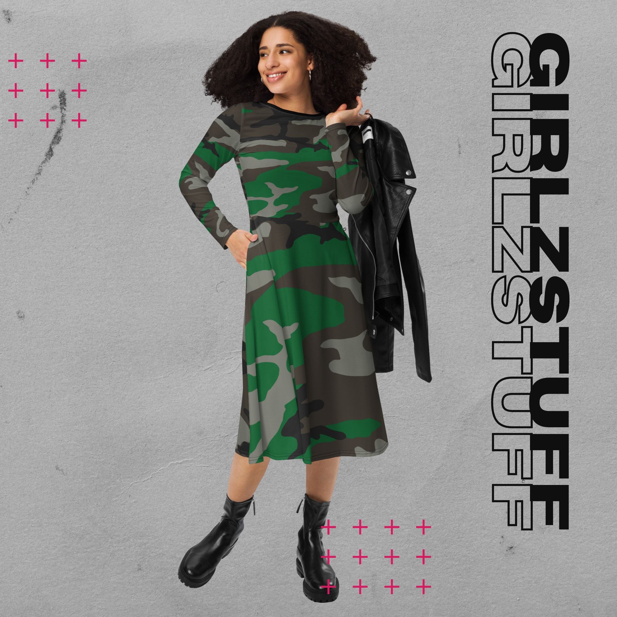 Camouflage Midi Kleid mit Taschen Farbe Tarn Grün – sportlich & feminin